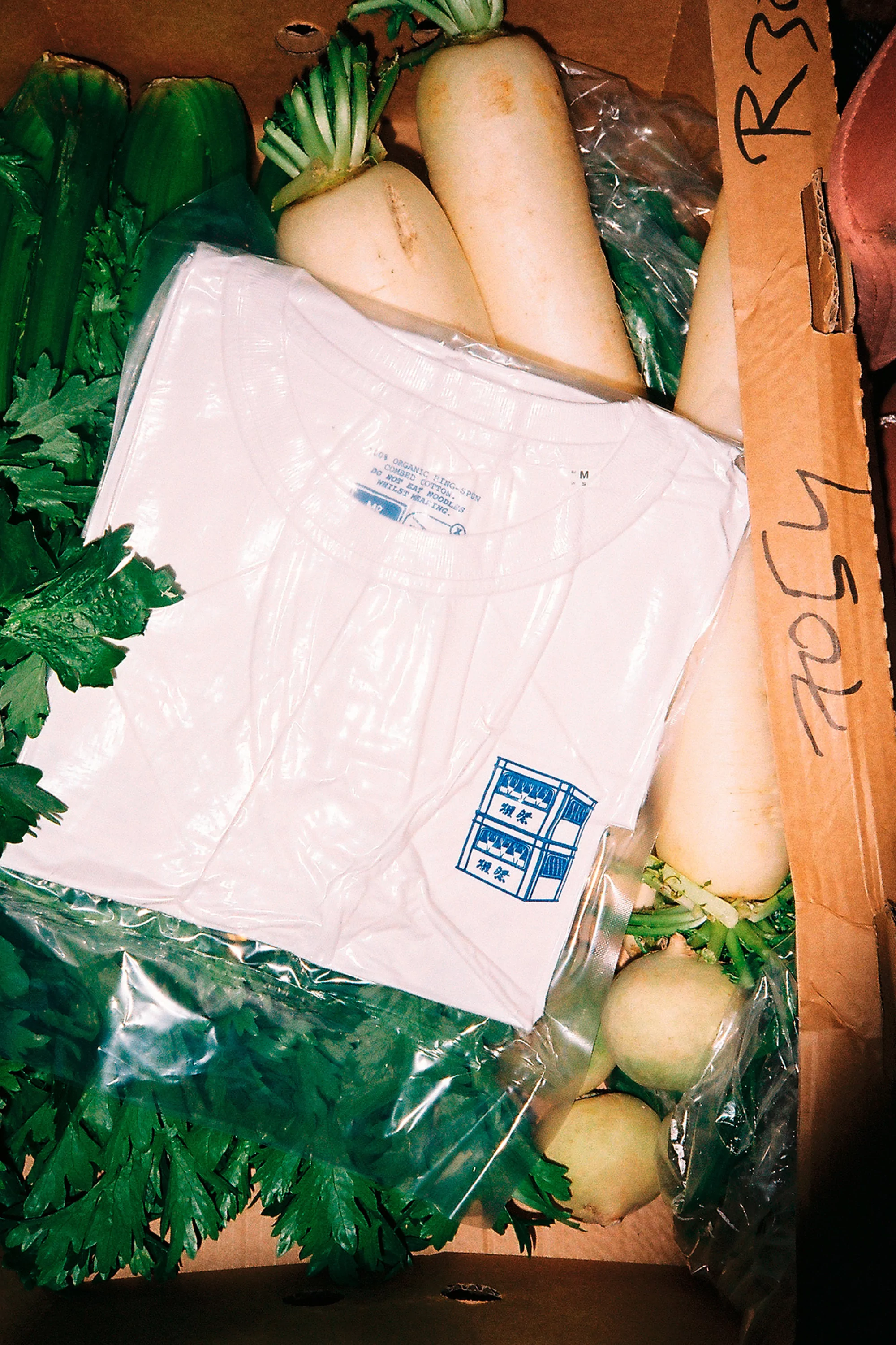 Box containing white t-shirt, daikon radishes, spring onions, celery, and onions, topped with plastic wrap, in a cardboard box.