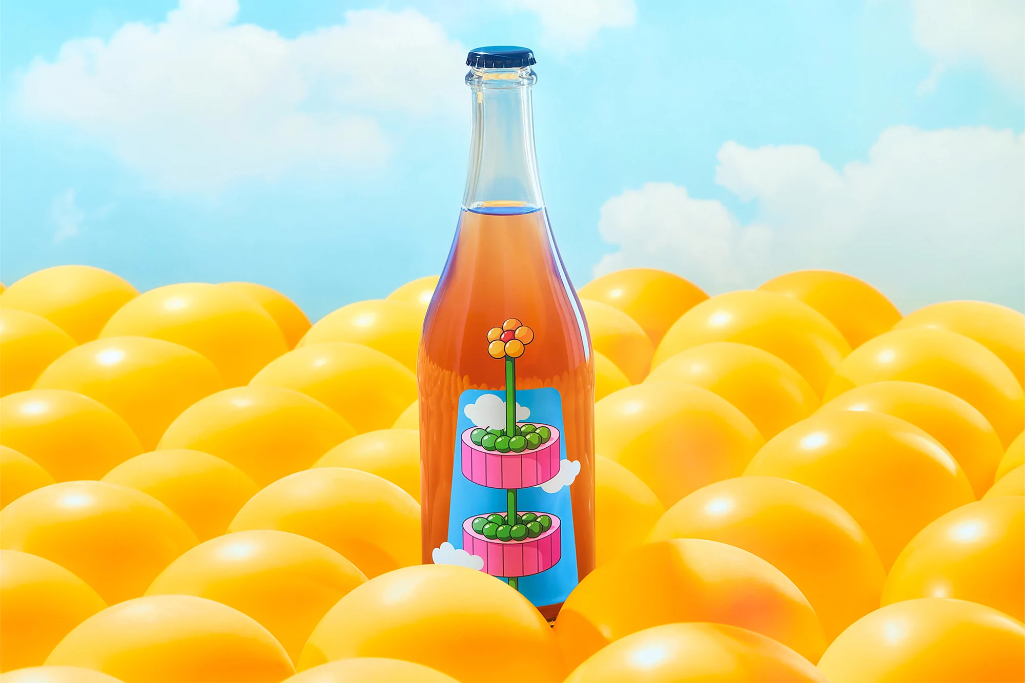 Glass bottle with floral design surrounded by a field of yellow spheres, set against a bright sky with soft clouds.