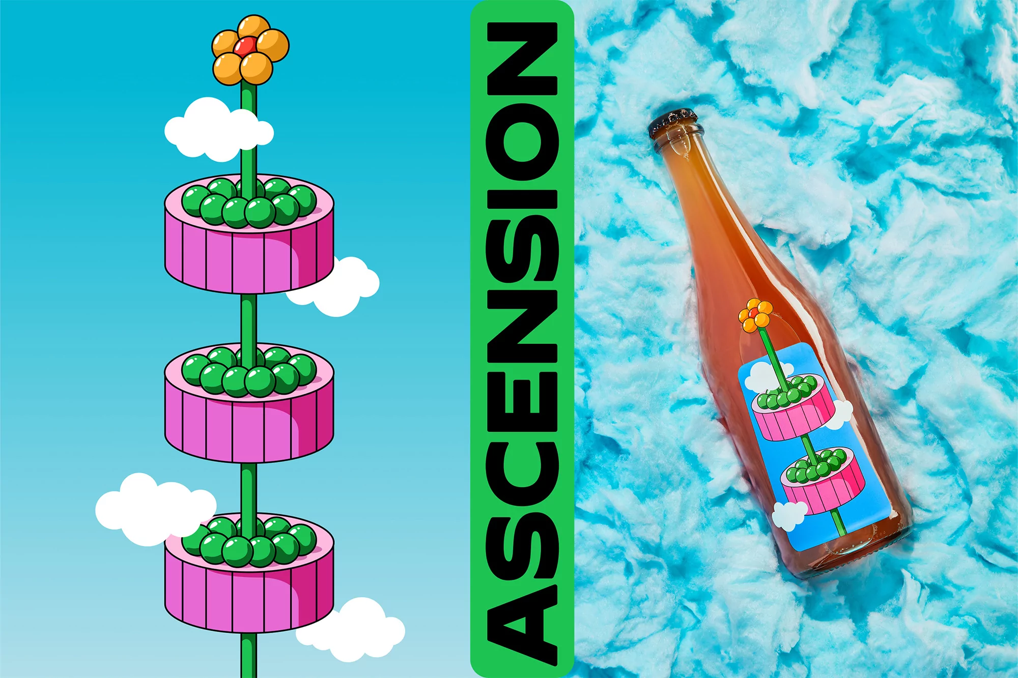 Beer bottle rests on fluffy blue surface; label features whimsical tiered cake design and 'Ascension' text, adding fun visual element.