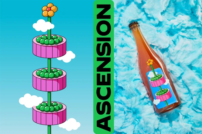 Beer bottle rests on fluffy blue surface; label features whimsical tiered cake design and 'Ascension' text, adding fun visual element.