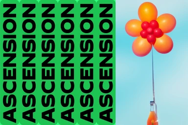 Orange and red balloons shaped like a flower attached to a bottle neck against a blue background with green vertical text stripes