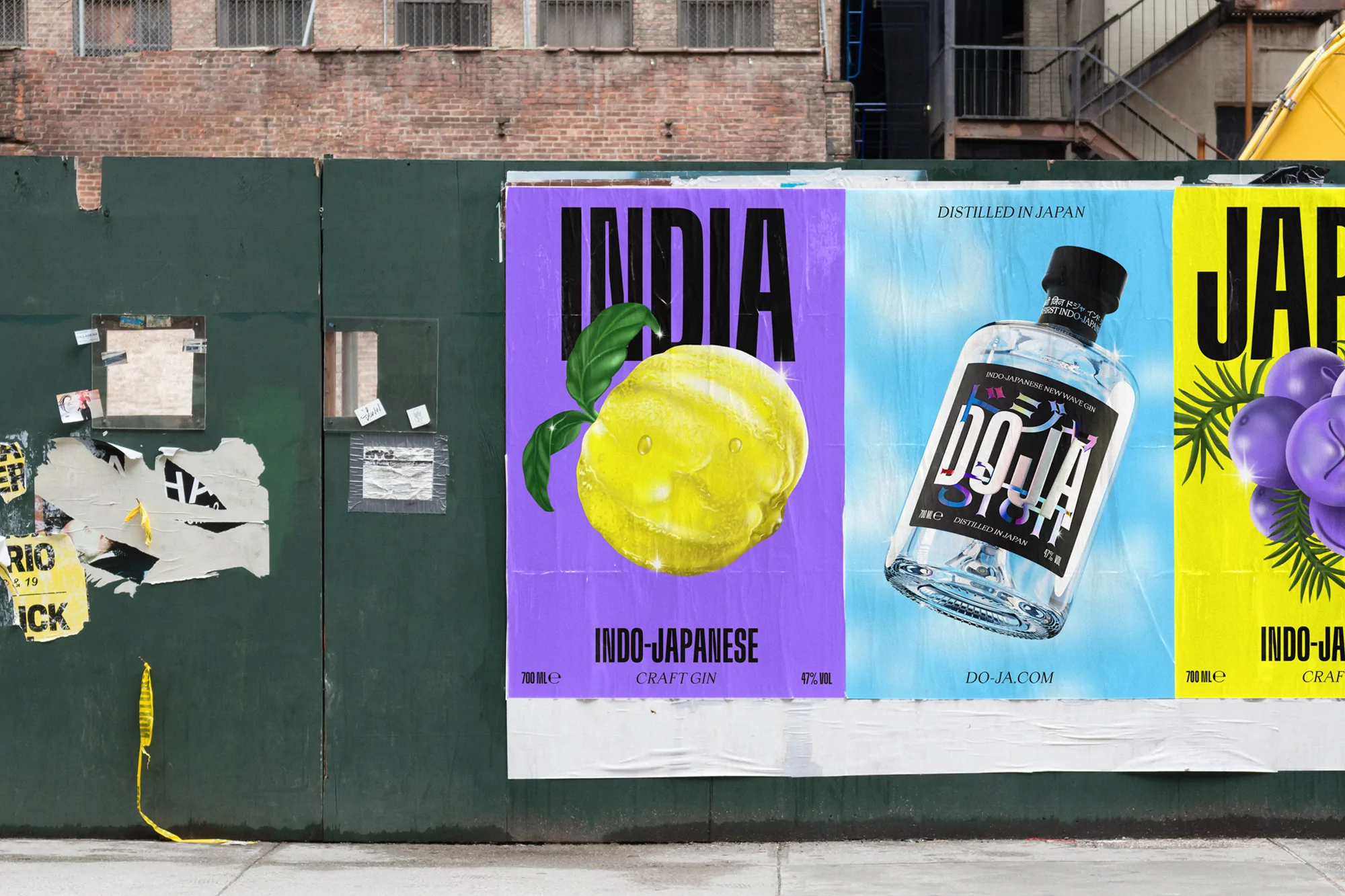 Outdoor display of vibrant gin advertisements featuring fruit and bottle illustrations on colorful backgrounds in an urban setting.