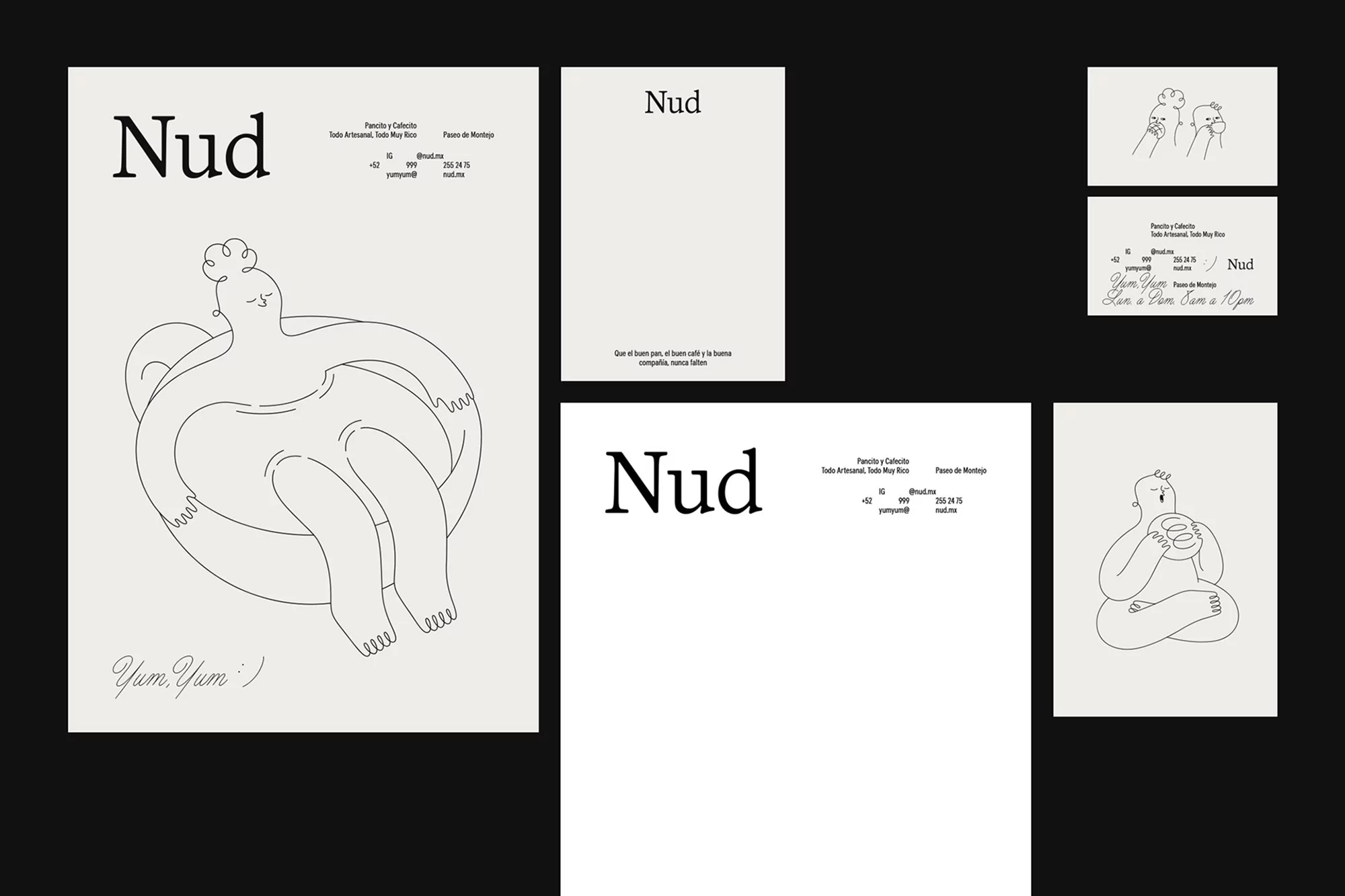 Minimalist branding mockup featuring line art illustrations of people and the 'Nud' logo on stationery, against a light background.