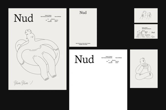 Minimalist branding mockup featuring line art illustrations of people and the 'Nud' logo on stationery, against a light background.