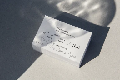 A stack of white business cards for Nud resting on a grey textured surface with soft leaf shadow patterns.