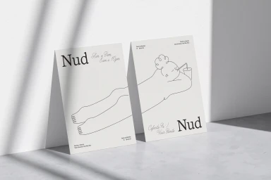 Two minimalist brand identity posters featuring line art illustrations and Nud typography displayed against a plain wall with window shadows.