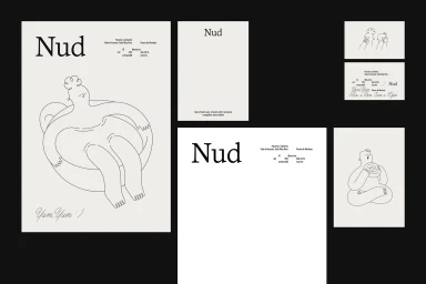 Minimalist graphic design brand identity layout for Nud featuring black line art illustrations on off-white paper stationery against a black background