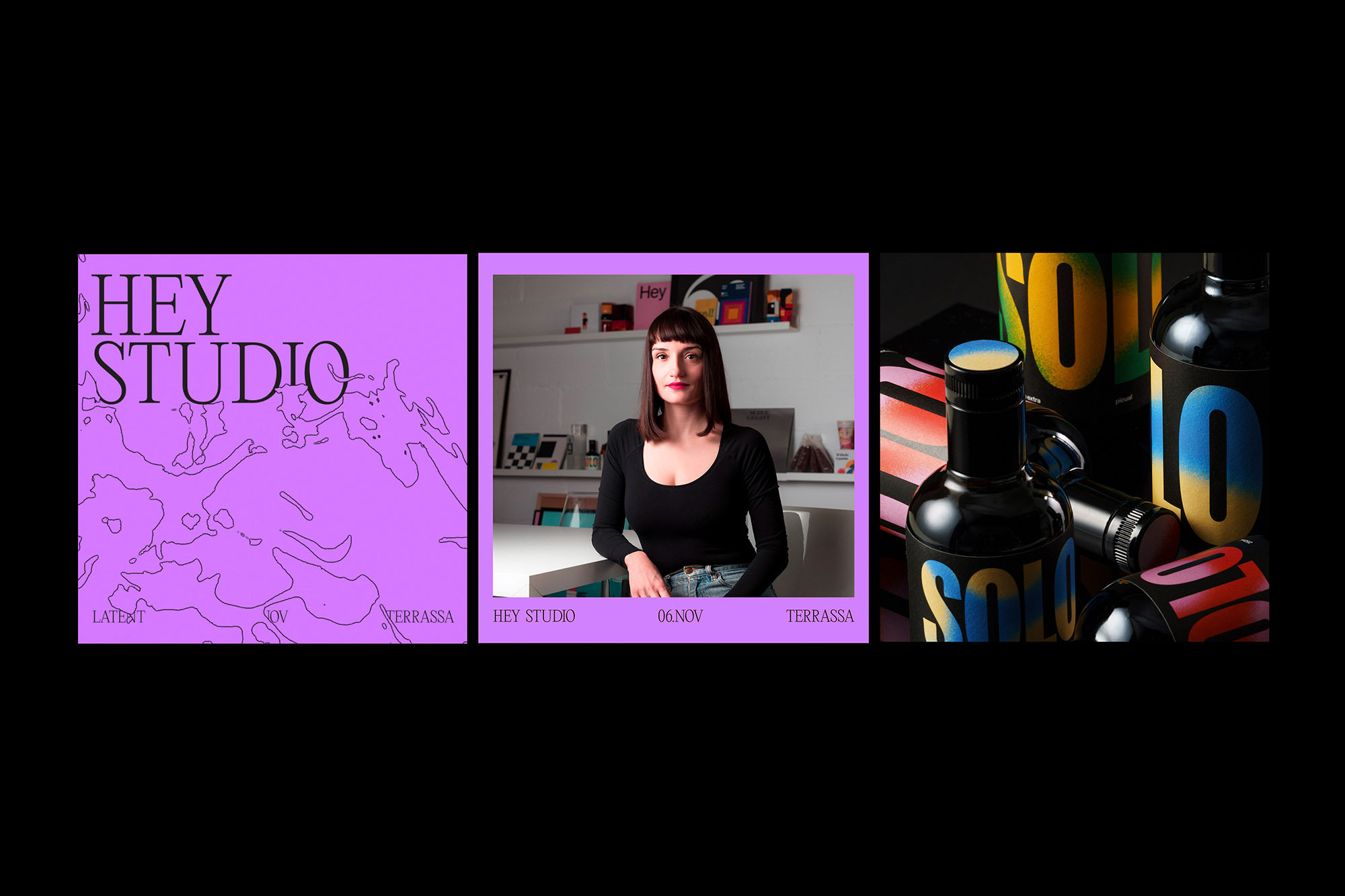 Promotional collage for Hey Studio featuring graphic design, portrait of woman at desk, and black product bottles with bold typography.