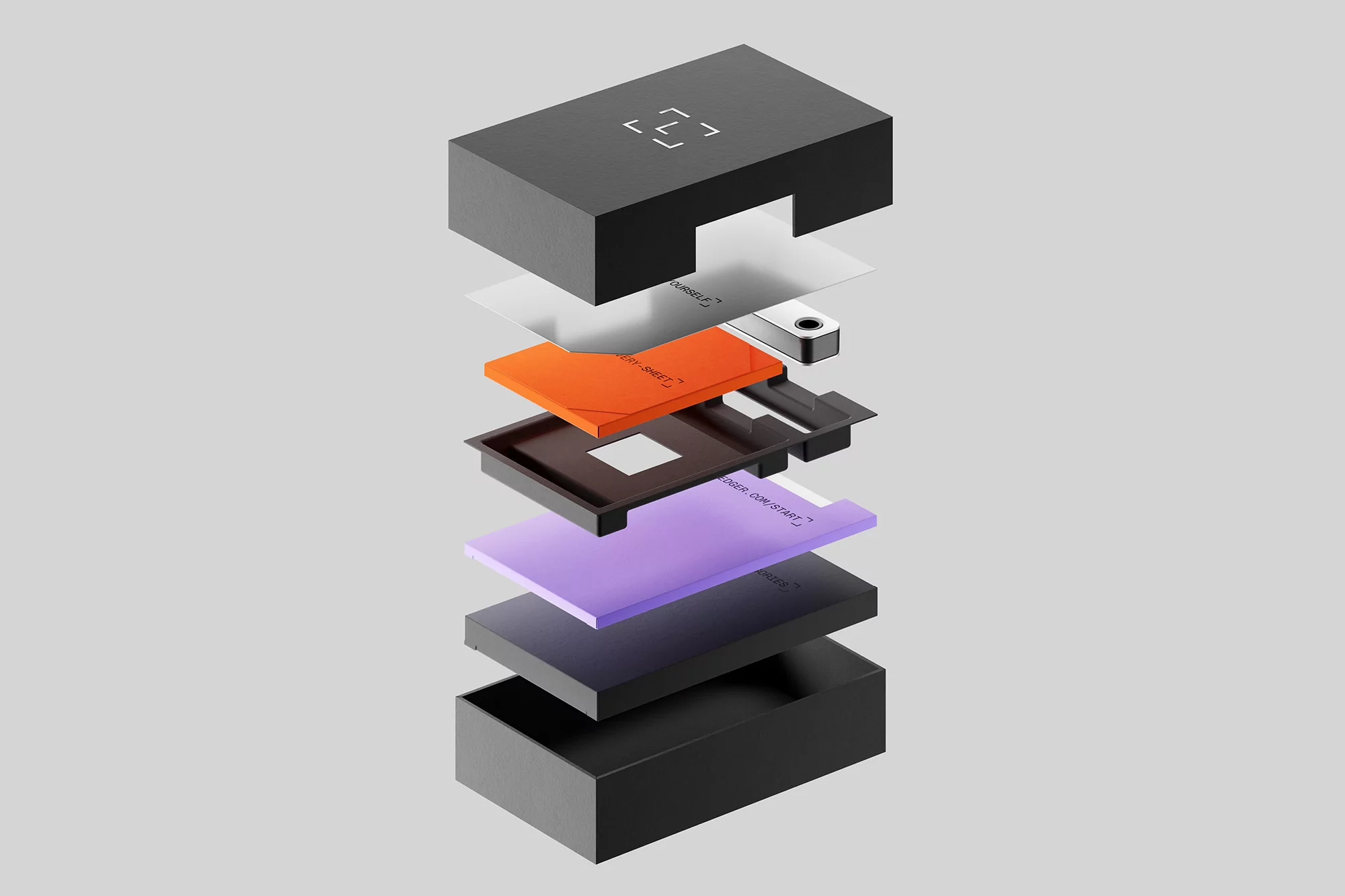 Exploded-view diagram of a black rectangular object with gray layers, an orange sheet, and a purple sheet, all on a gray background.