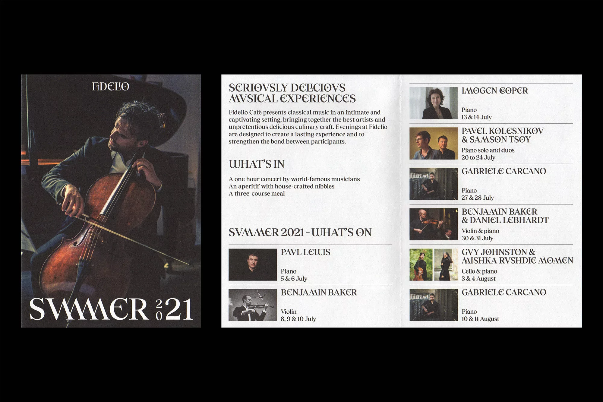 Concert poster features musician playing cello on left and schedule of performances for classical music events for the summer of 2021.