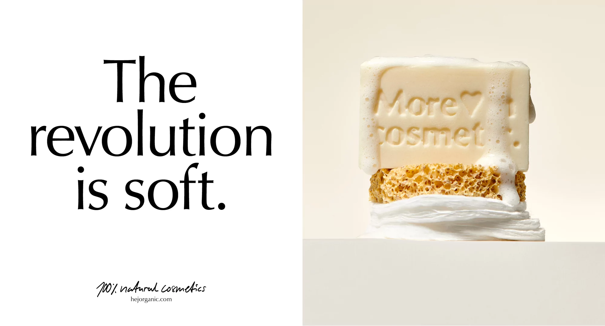 Cosmetics still life: handmade soap bar with sponge and white cloth on pale surface for beauty, healthcare, wellness concept.