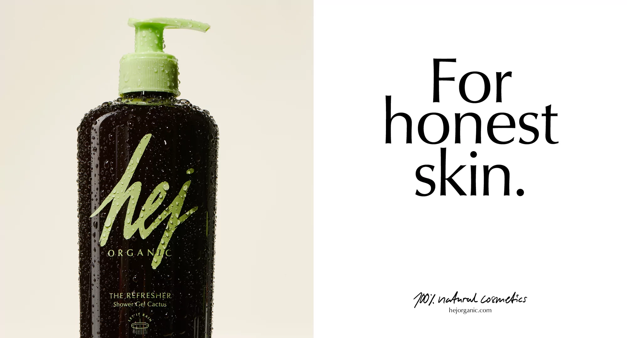 Cosmetic product presentation: Dark bottle of organic shower gel with green pump on light background with cosmetic claim to the right.