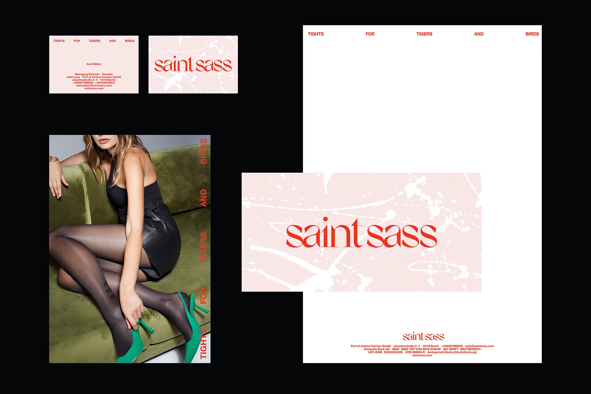 Saint Sass ad featuring an adult woman on an olive-green velvet couch wearing black hosiery and green heels. Brand graphics on black and white.