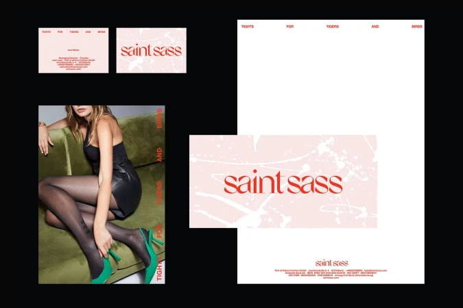 Saint Sass ad featuring an adult woman on an olive-green velvet couch wearing black hosiery and green heels. Brand graphics on black and white.
