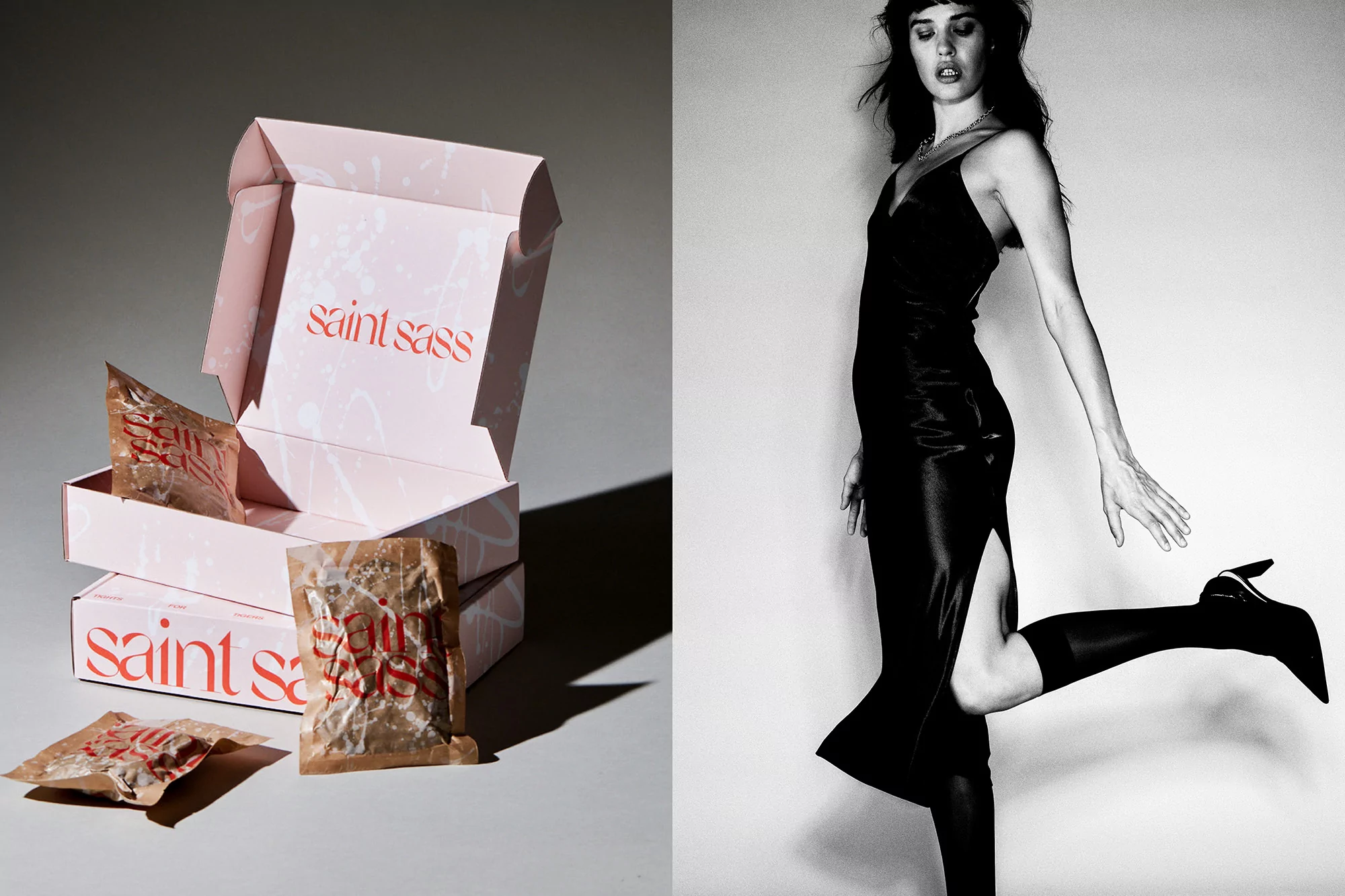 Monochrome studio shot of a brunette woman in a black dress and heel next to two stacked Saint Sass boxes with product inside.