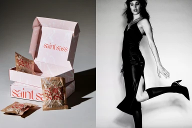 Diptych featuring pink Saint Sass branded packaging boxes on the left and a model in a black slip dress on the right.