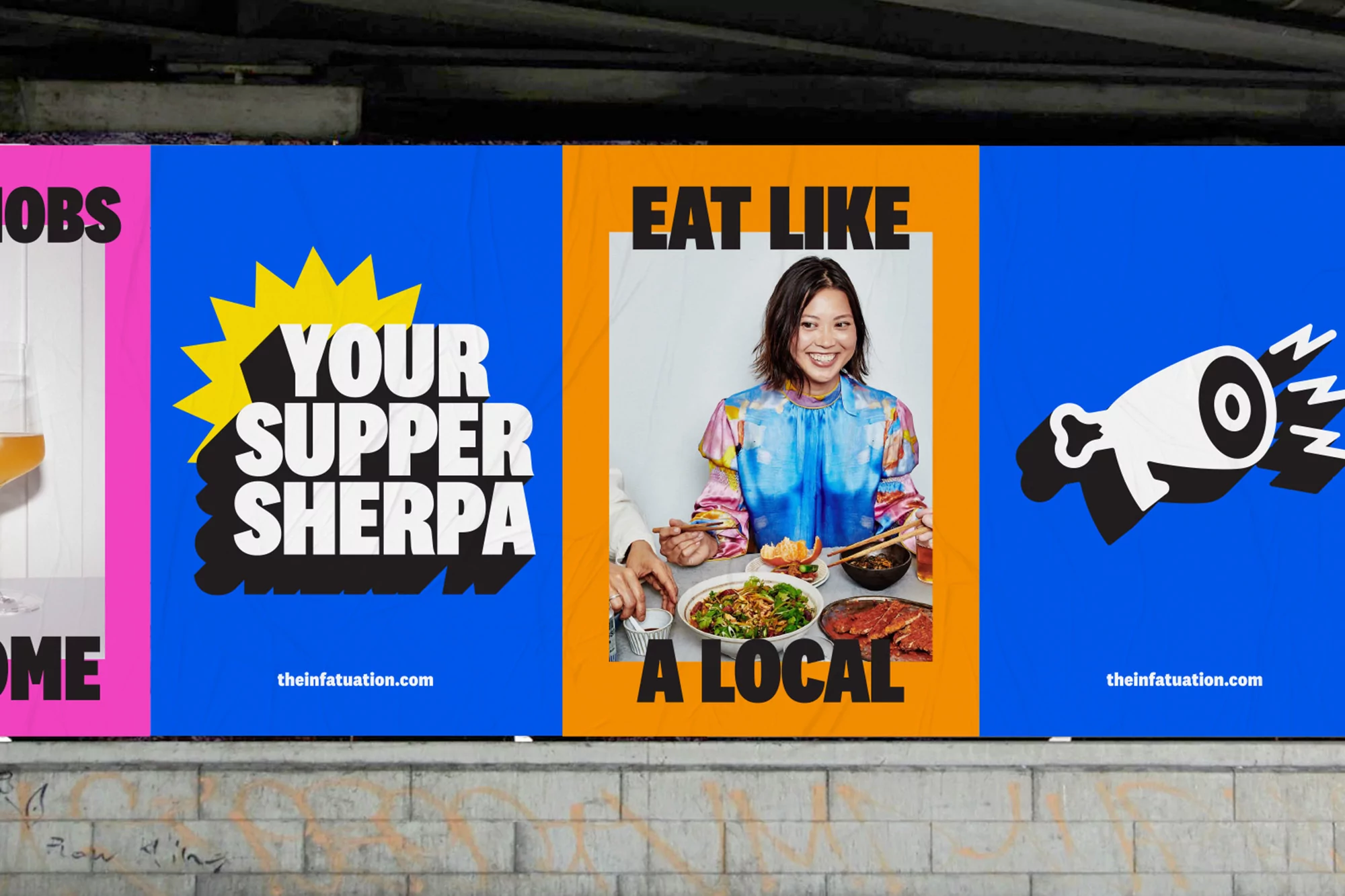 Outdoor advertising billboard for The Infatuation, featuring food, an adult female, and vibrant colors promoting food and dining.