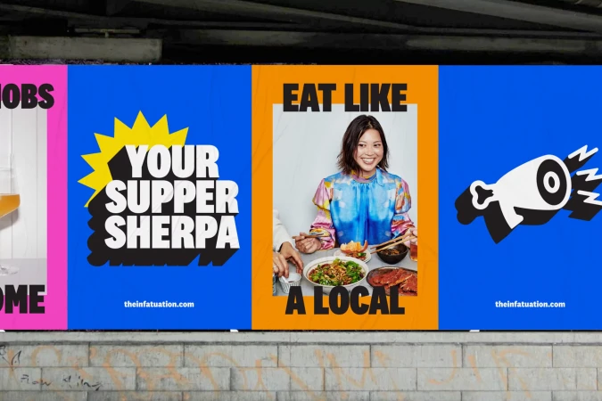 Outdoor advertising billboard for The Infatuation, featuring food, an adult female, and vibrant colors promoting food and dining.