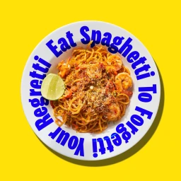 A white plate of shrimp spaghetti with a lime wedge set against a bold yellow background with blue arched typography.