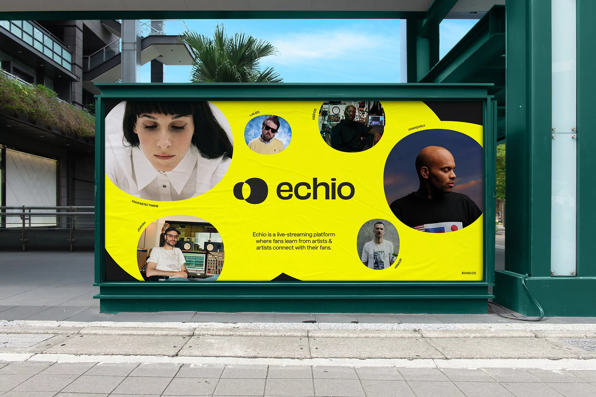 Billboard advertisement for Echio, a live-streaming platform, features portraits of artists in yellow circular frames on a city street.