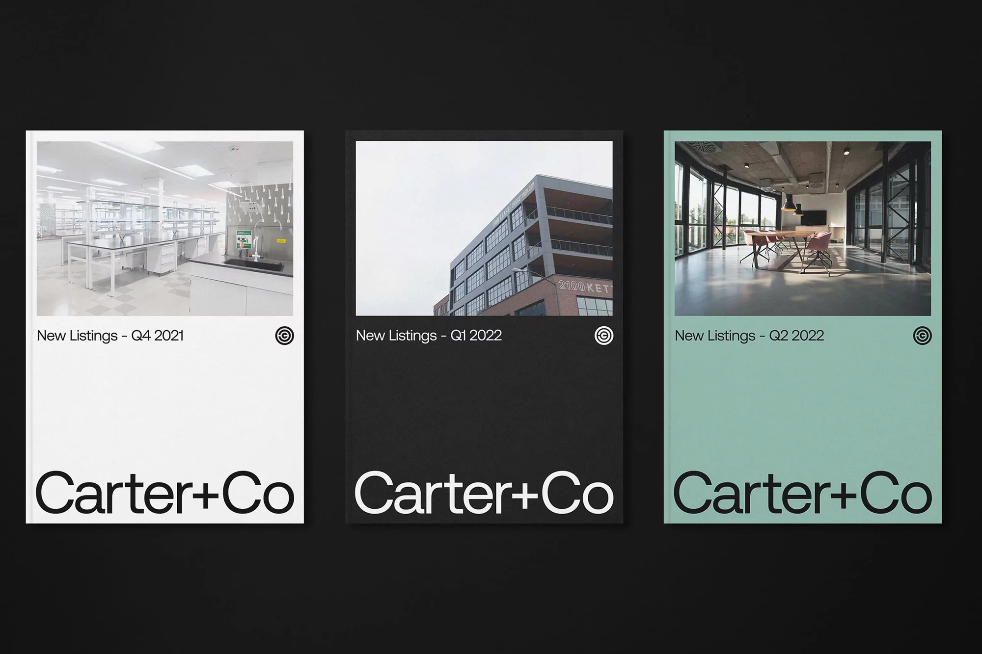 Three Carter+Co new listing covers, Q4 2021 with a lab interior, Q1 2022 with an apartment building, and Q2 2022 with an office interior.