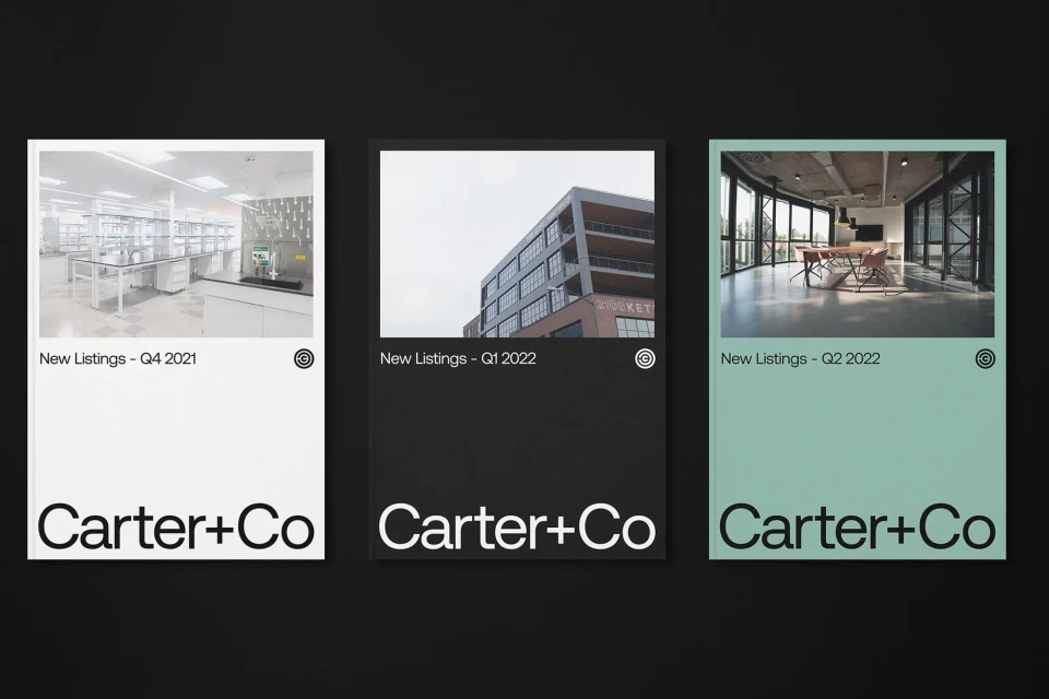 Three Carter+Co new listing covers, Q4 2021 with a lab interior, Q1 2022 with an apartment building, and Q2 2022 with an office interior.