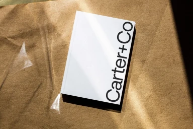 White book with Carter+Co typography resting on brown crinkled paper under warm sunlight with shadows