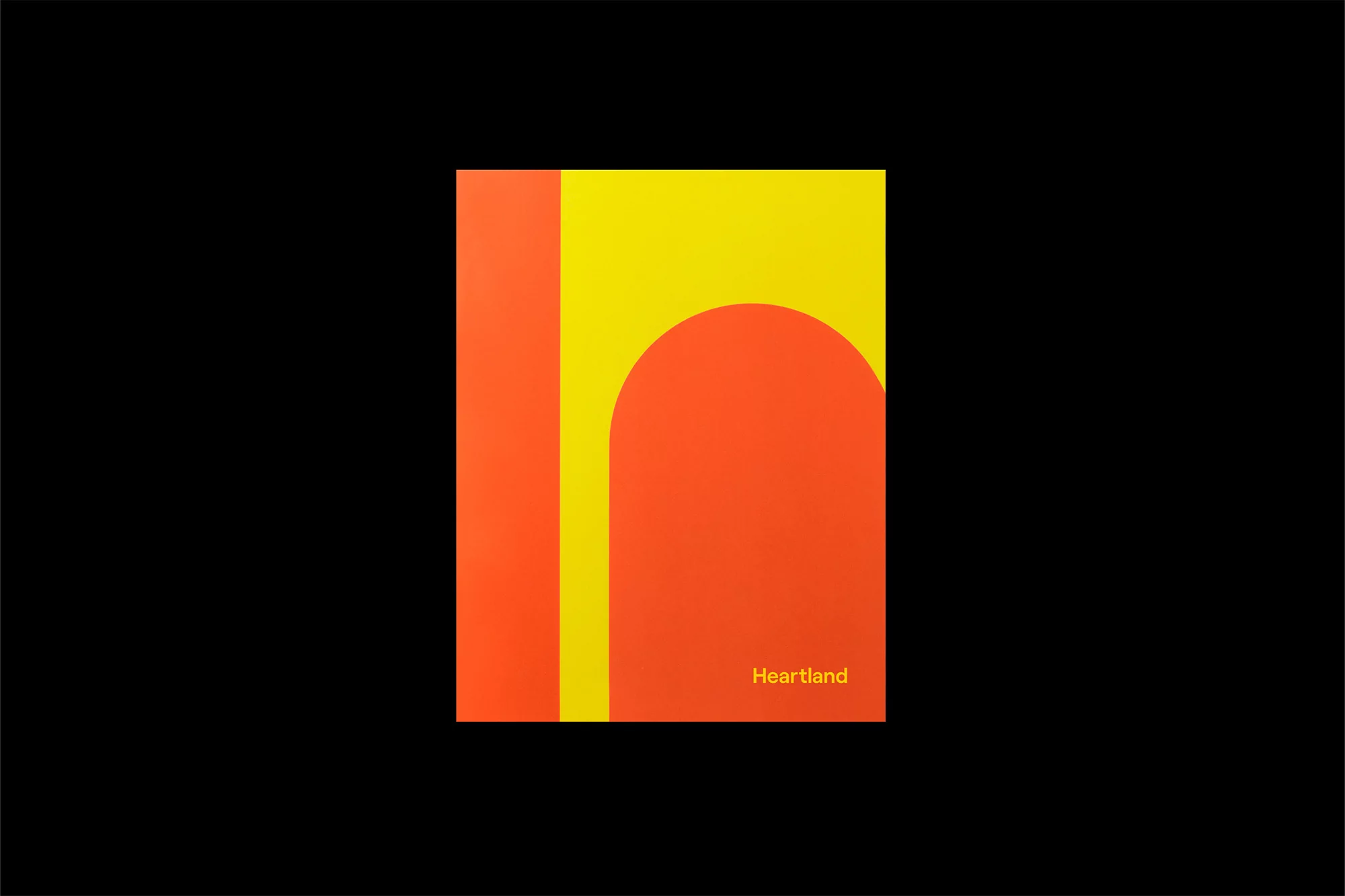 Abstract graphic design in shades of orange and yellow against a black background features geometric shapes and minimalist typography.