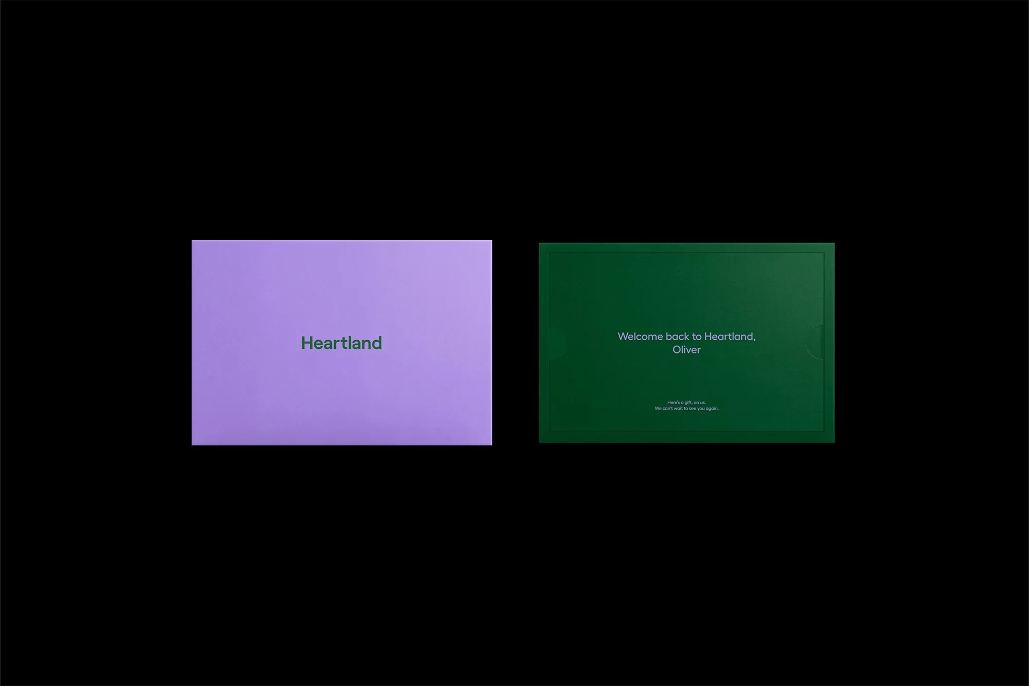 Two postcards side-by-side: a light purple card with 'Heartland' text and a green card with 'Welcome back to Heartland, Oliver' text.
