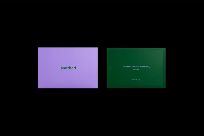 Two postcards side-by-side: a light purple card with 'Heartland' text and a green card with 'Welcome back to Heartland, Oliver' text.