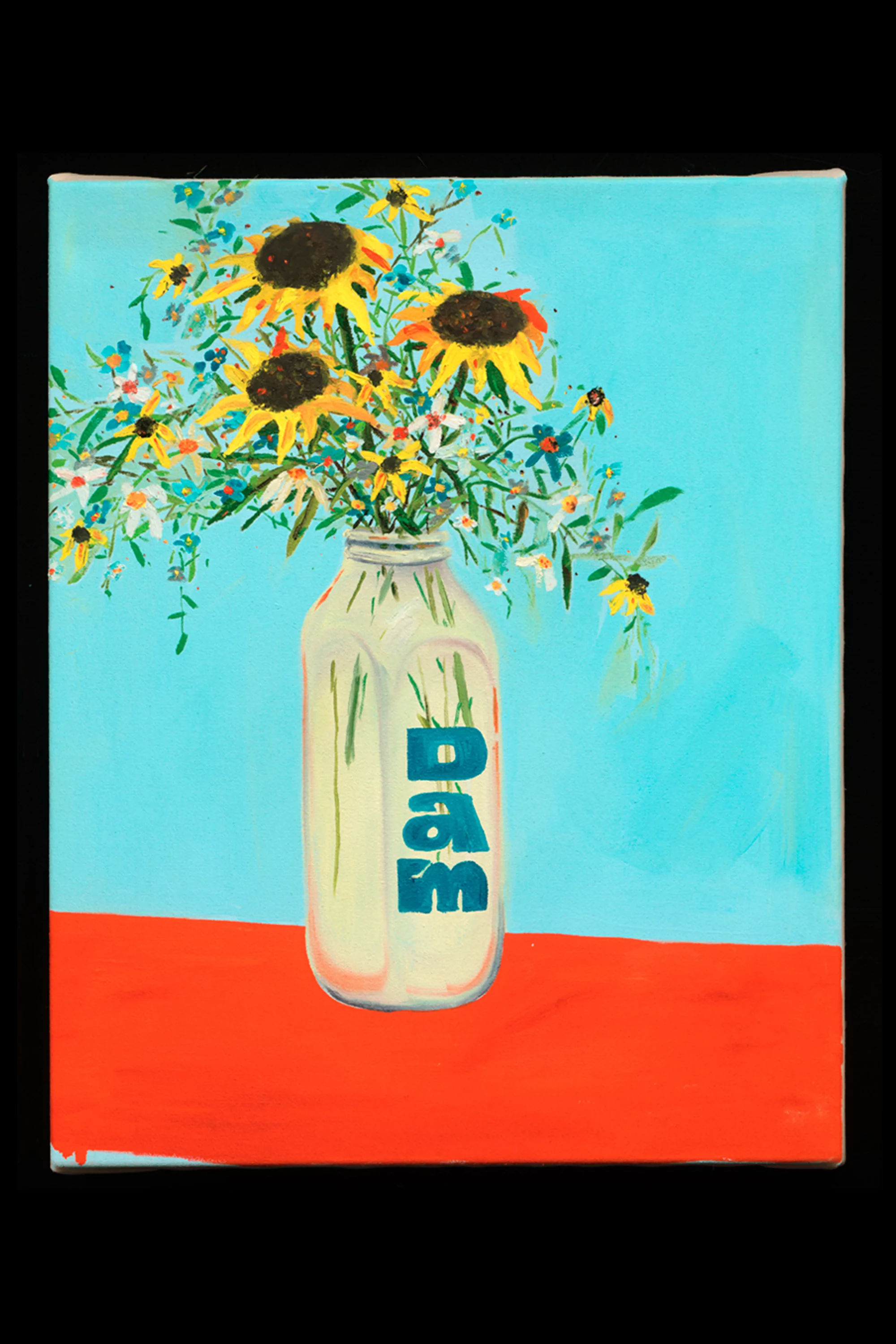 Still life oil painting of a vase filled with sunflowers and other flowers on a red table against a light blue background.