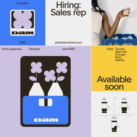Promotional graphic for DAM drinks featuring an arm holding a drink, vases with flowers, and various graphic design elements.