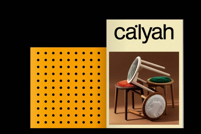 Promotional shot with a patterned yellow background alongside a stack of three wooden stools on a beige background with bold text.