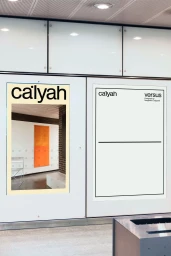 Ca'lyah brand identity posters displayed on a public wall featuring typography and interior imagery