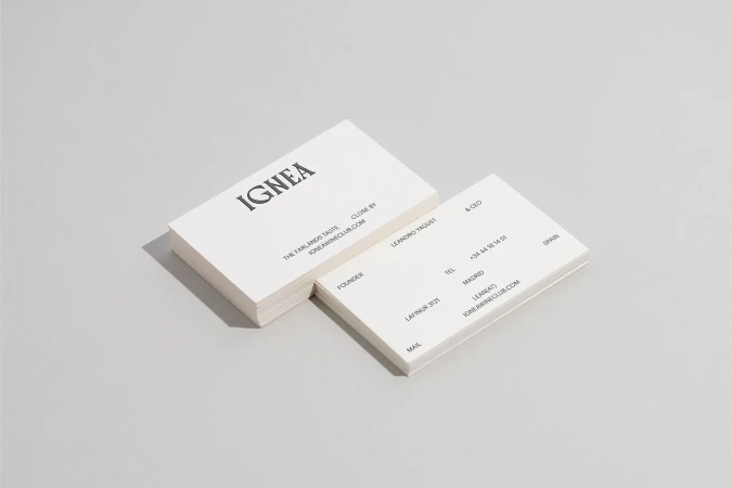 Stack of Ignea business cards featuring company name and contact details on a light grey background. Minimalist design.