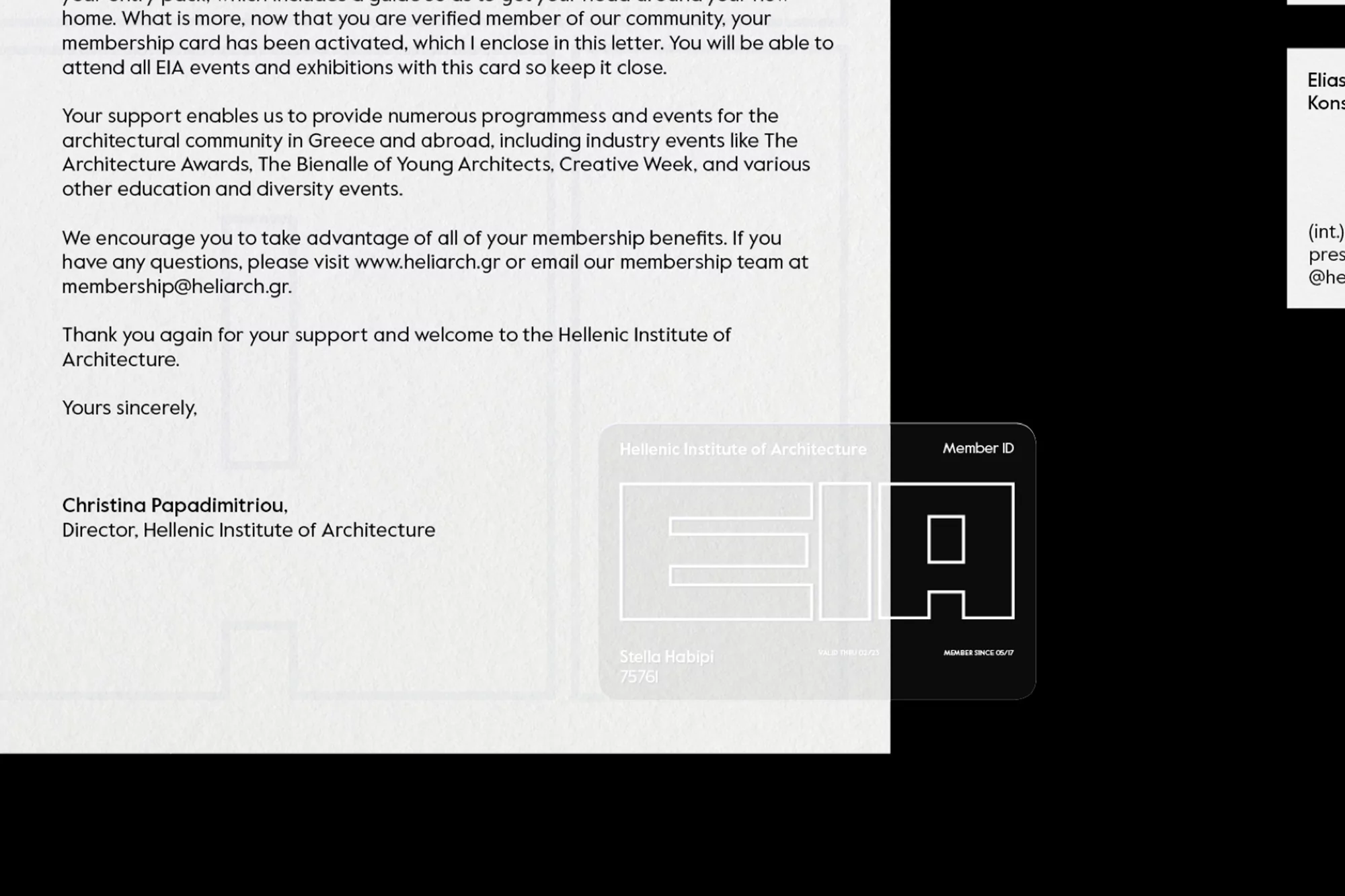 Image shows a Hellenic Institute of Architecture membership card with visible text and design elements, against a white background.