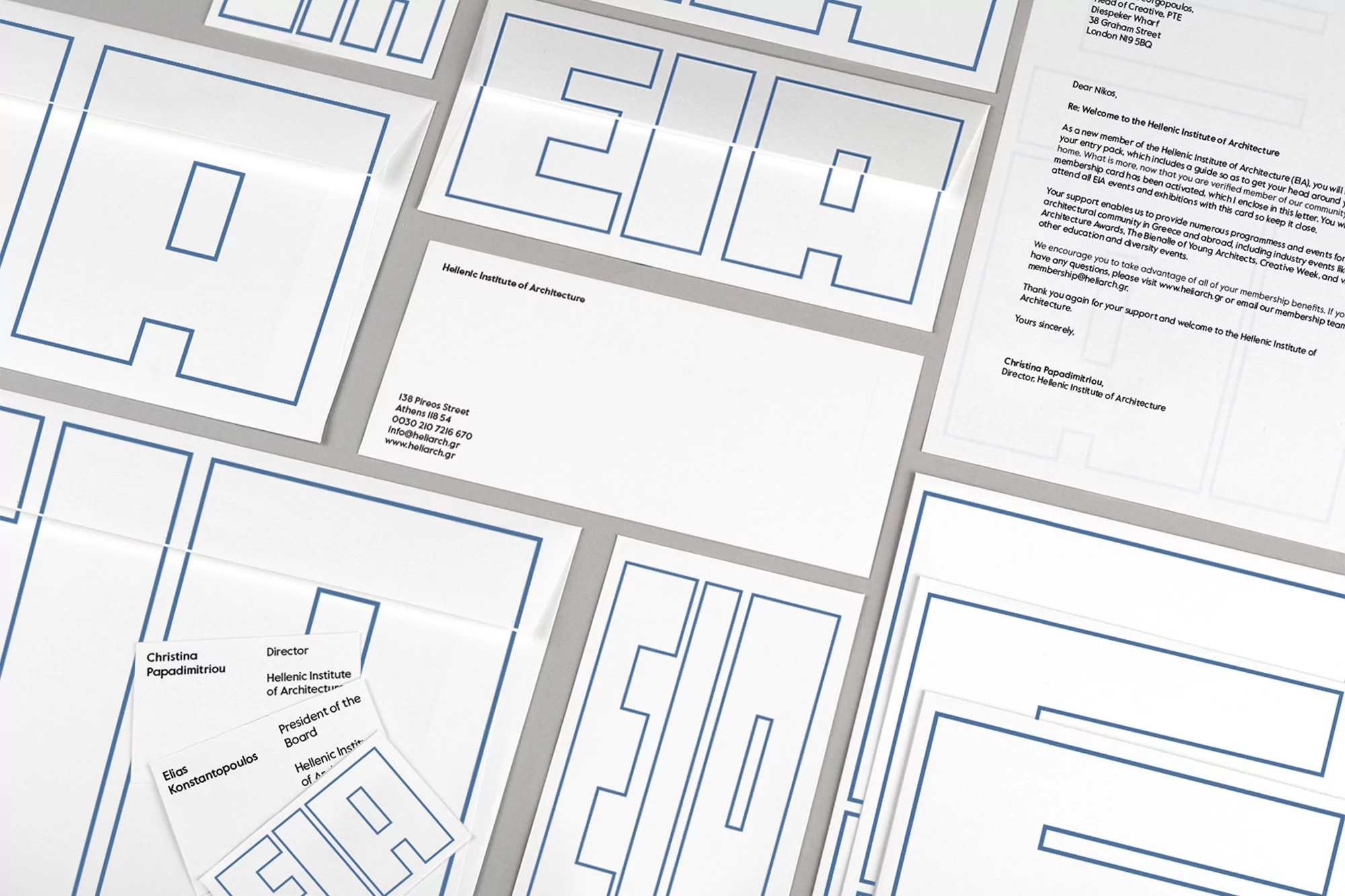 Letterhead of the Hellenic Institute of Architecture in blue and white on a gray background with text, logos, and letter. 