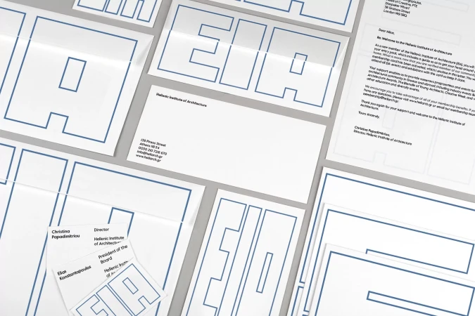 Letterhead of the Hellenic Institute of Architecture in blue and white on a gray background with text, logos, and letter. 