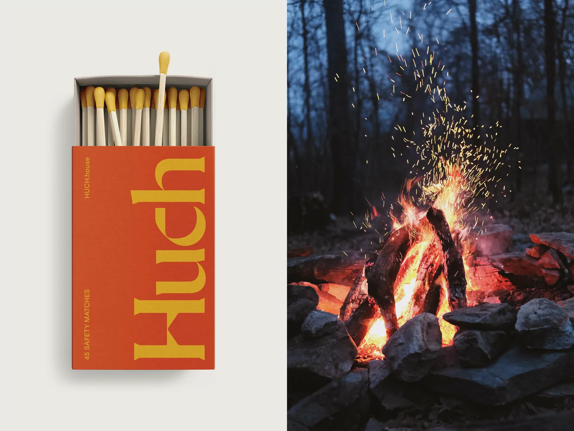 A matchbox on a white background, and a glowing campfire surrounded by rocks in a dark forest setting, next to each other.