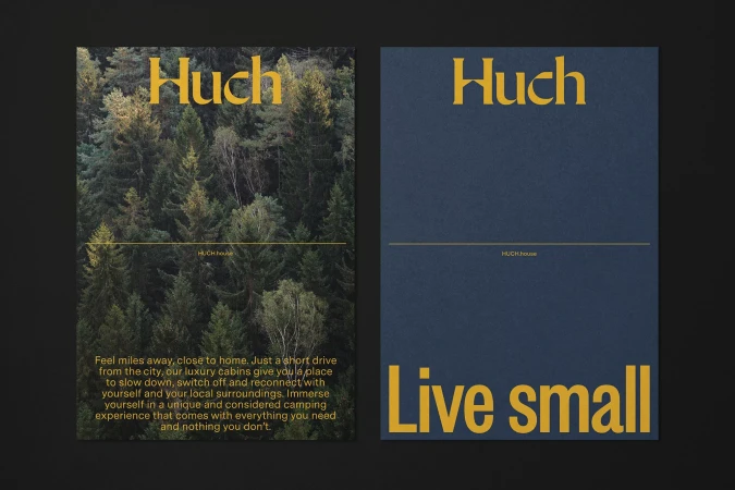 Two posters side by side featuring a forest image and text. The poster on the right is navy with the words 'Live small' in gold.