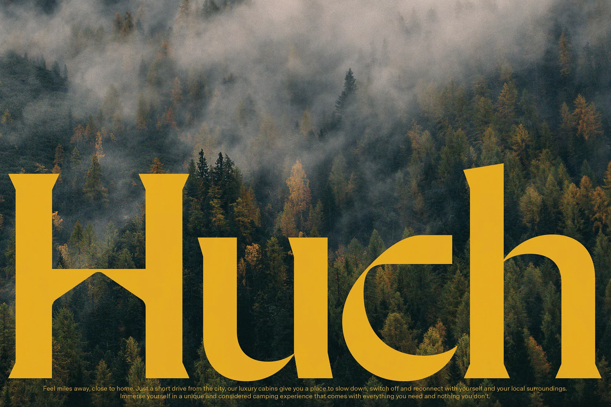 Landscape featuring a forest of evergreen trees, enveloped in fog, with golden typography 'Huch' overlaid in the foreground.