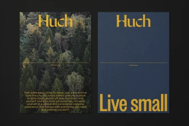 Huch brand identity presentation showing two vertical panels with forest photography, typography, and copywriting.