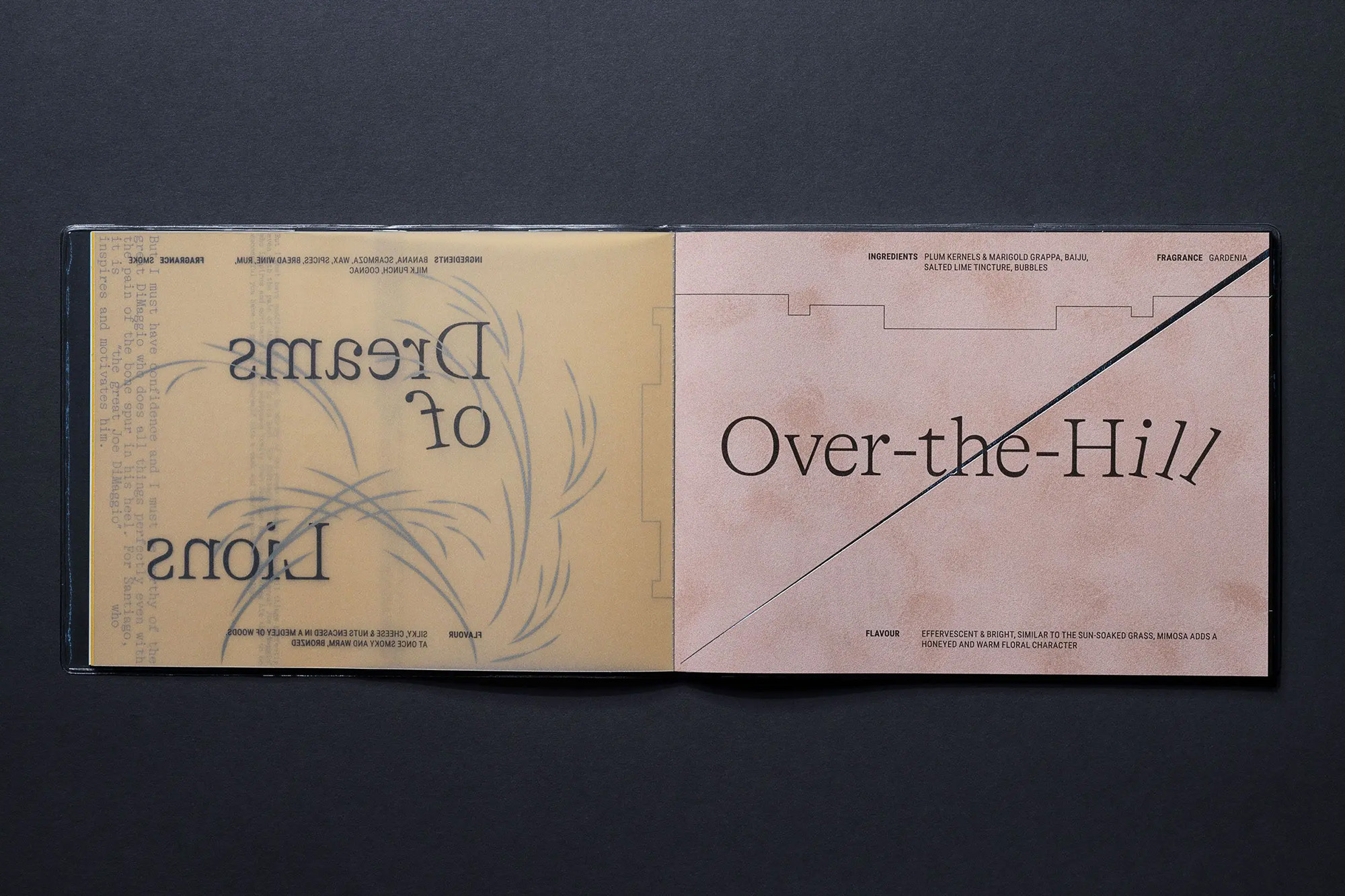 Open magazine spread featuring graphic design elements, including large stylized text and an illustration on a beige background.