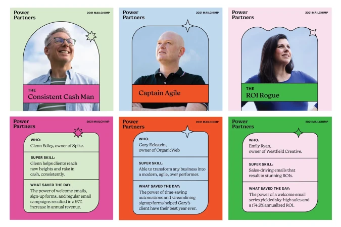 Collage of Mailchimp 'Power Partners' featuring headshots and skills of entrepreneurs like Glenn Edley and Emily Ryan.
