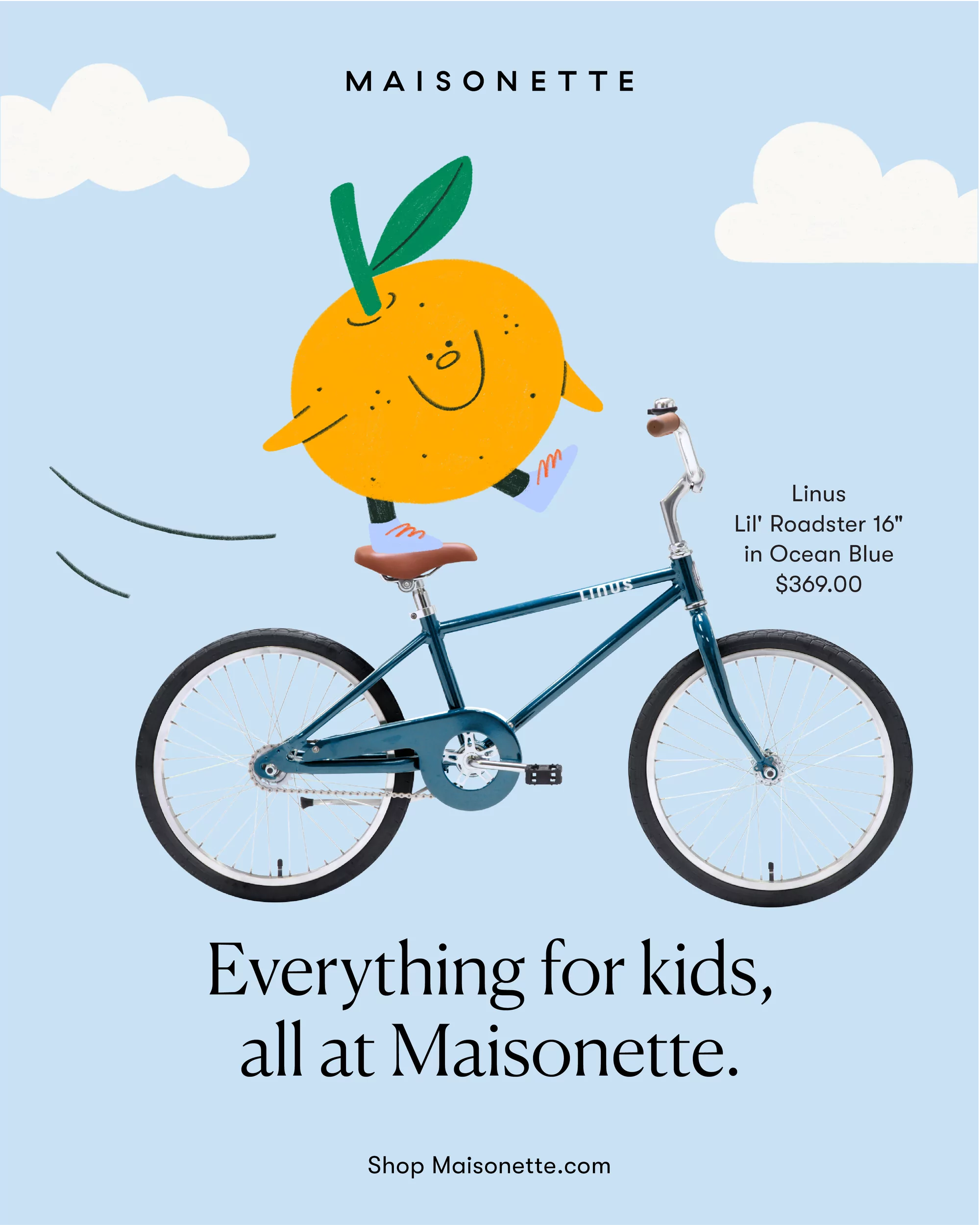 Whimsical ad featuring a teal Linus Lil' Roadster 16" bicycle with a cartoon orange character wearing sneakers, set against a light blue backdrop.