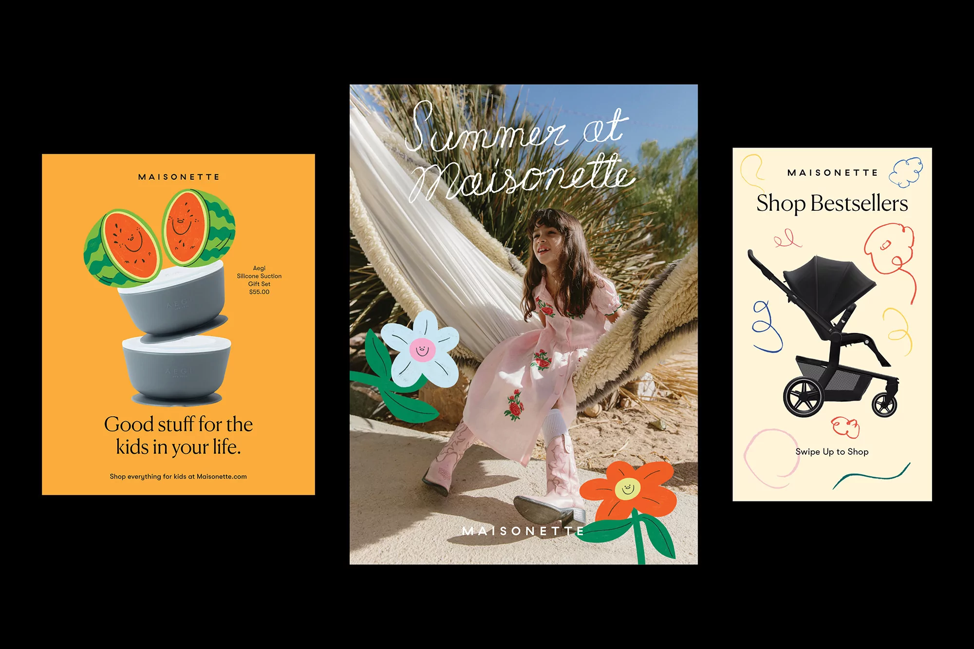 Three Maisonette ads: one with cartoon watermelons, one with a girl in a hammock, and one with a stroller and doodle shapes.