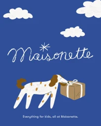 Illustrated blue background featuring a white dog carrying a wrapped gift box and white clouds above
