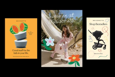 Triptych layout showcasing Maisonette brand identity with graphic illustration, photography, and typography.