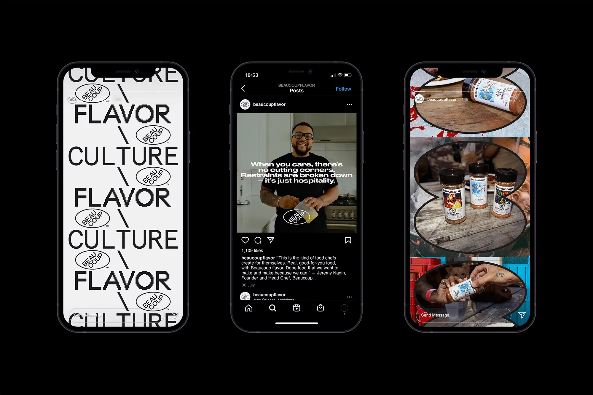 Three iPhones displaying a culture and flavor promotional design, a person holding spices, and spice bottles in various settings.