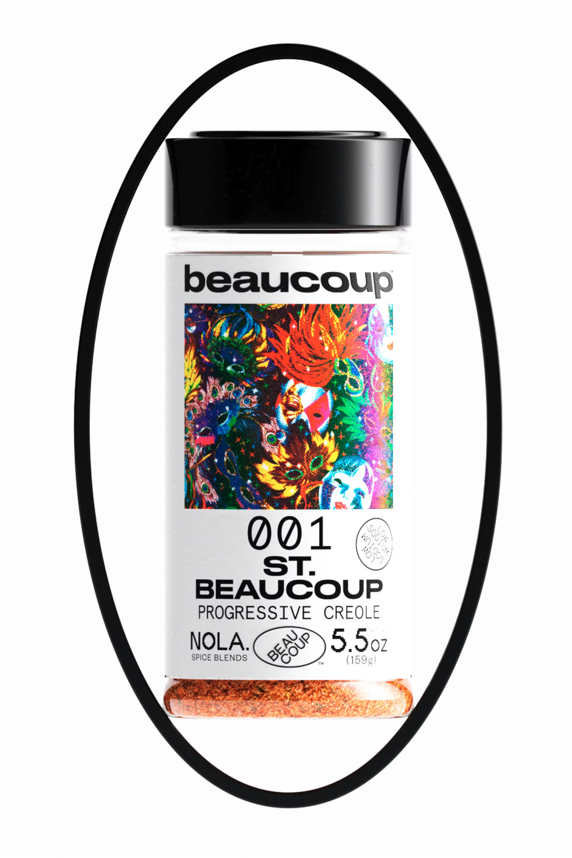 Beaucoup Progressive Creole spice blend in a clear plastic container with a black lid, set against a white background, surrounded by a black oval.